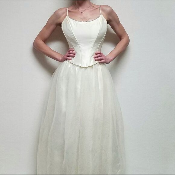 Vintage Y2K Jessica McClintock Gunne Sax Tulle Rhinestone Bustier Princess Dress - Picture 2 of 16
